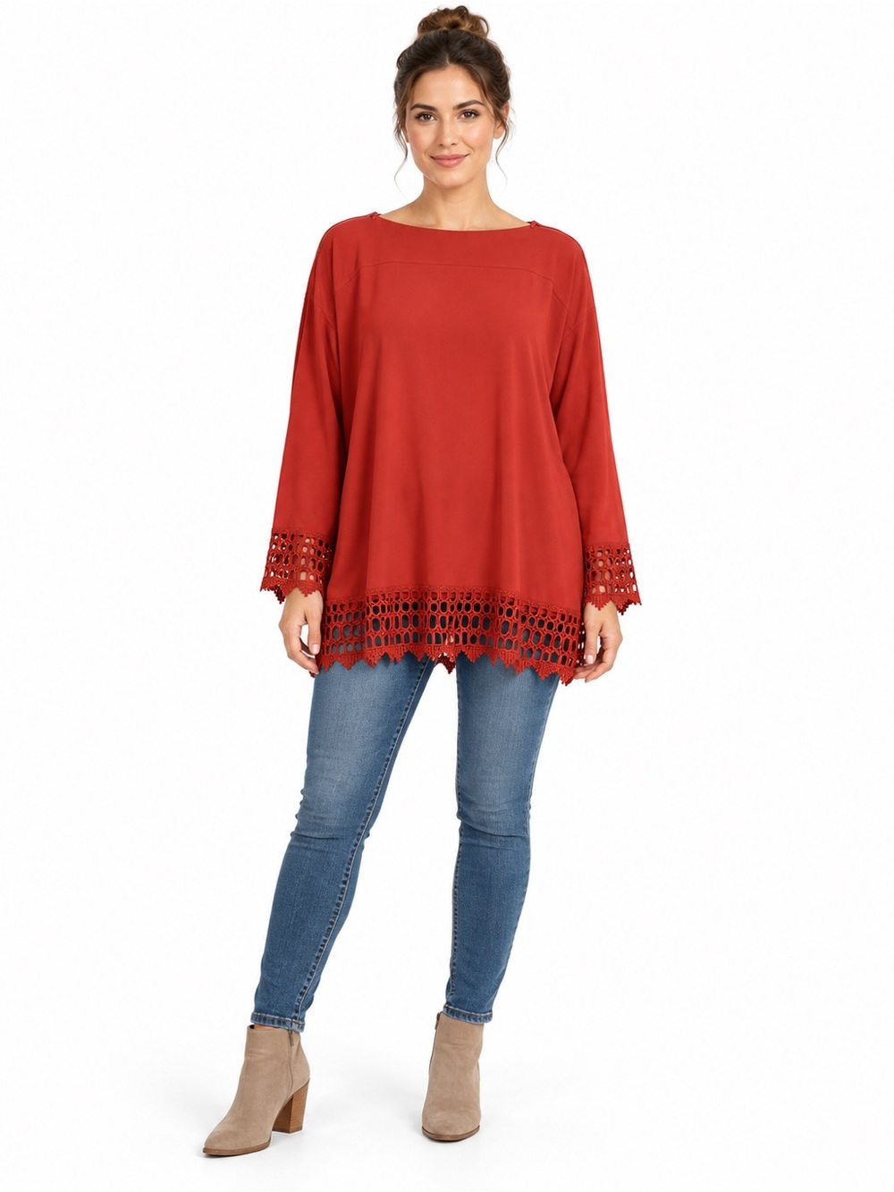The Look Randolph Duke Tunic Top Size S Red Lace Trim Adjustable Zip Neck